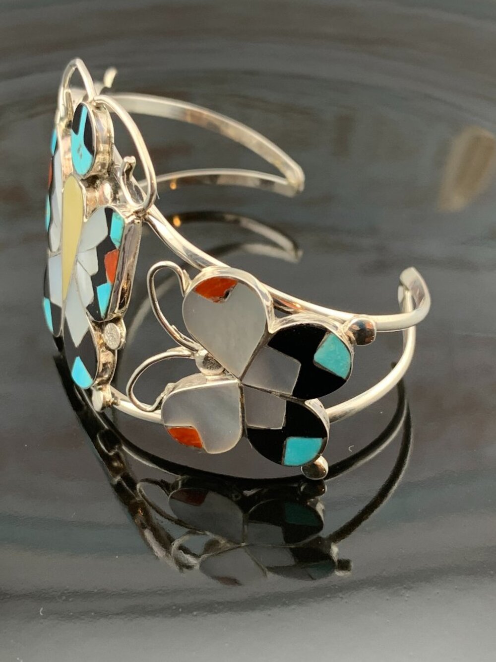 Butterfly Stone Inlay Zuni Native American Cuff Bracelet 925 A. Dishta J1423 - Picture 2 of 11
